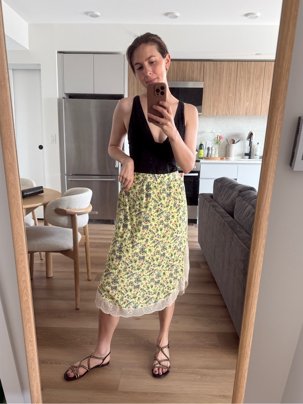 Zadig & Voltaire Yellow Floral Midi Skirt with Lace Hem